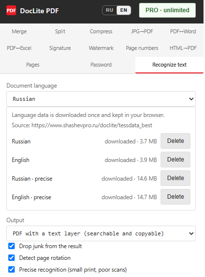 The Recognize text tab: language, models, output and precise mode