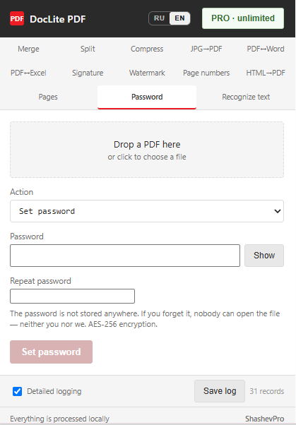 The Password tab: add or remove a password, AES-256 encryption