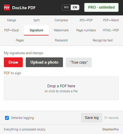 The Signature tab: saved signatures, photo upload and the “True copy” stamp