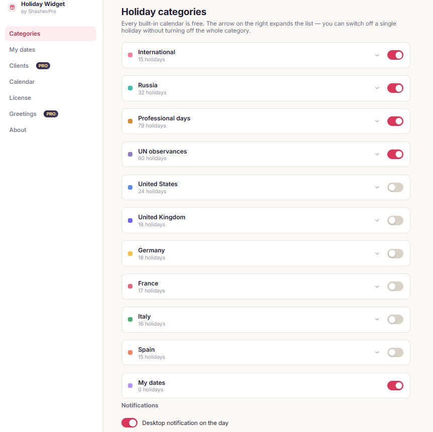 Ten holiday calendars in the extension settings